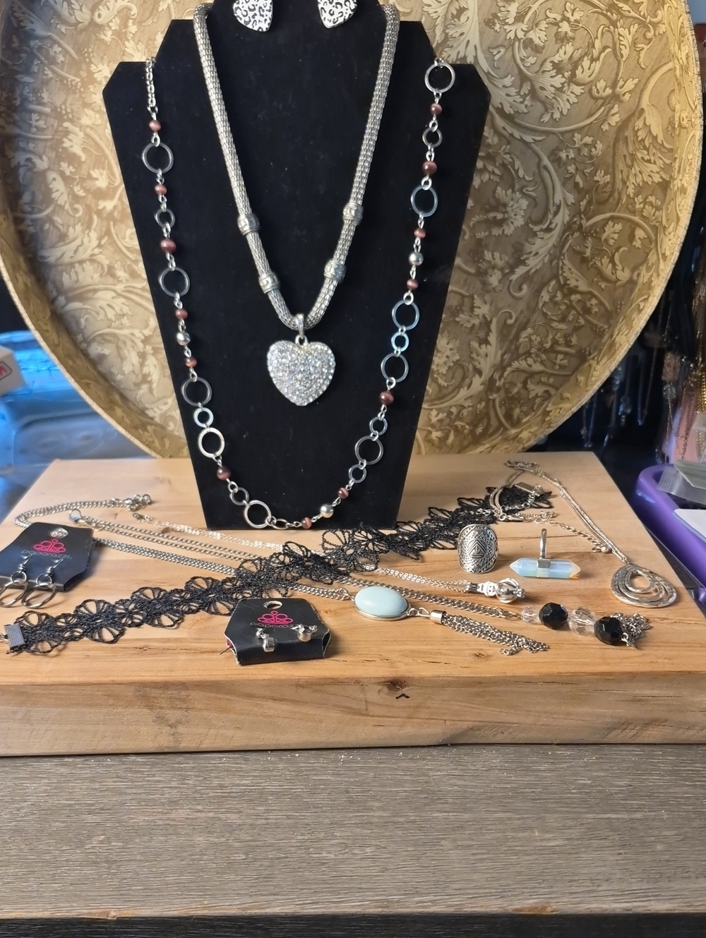 Silver Heart Pendant Necklace with Rhinestone Accents, Paparazzi Earrings